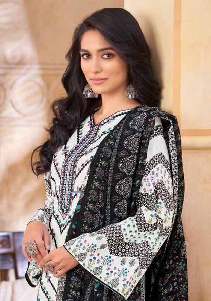 Casual Wear Black and White Color Cotton Print Salwar Kameez Palazzo Pant Suits