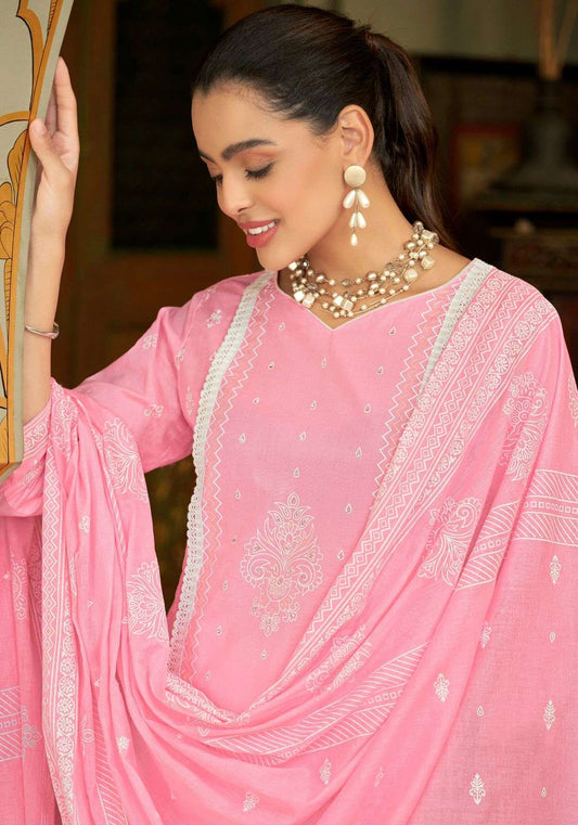 Pink Color Pure Cambric Cotton Print With Fancy Work Salwar Kameez Plazzo Pant Suit