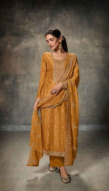 Beautiful Designer Coding Embroidery Work & Dola Silk Salwar Kameez Pant Suits