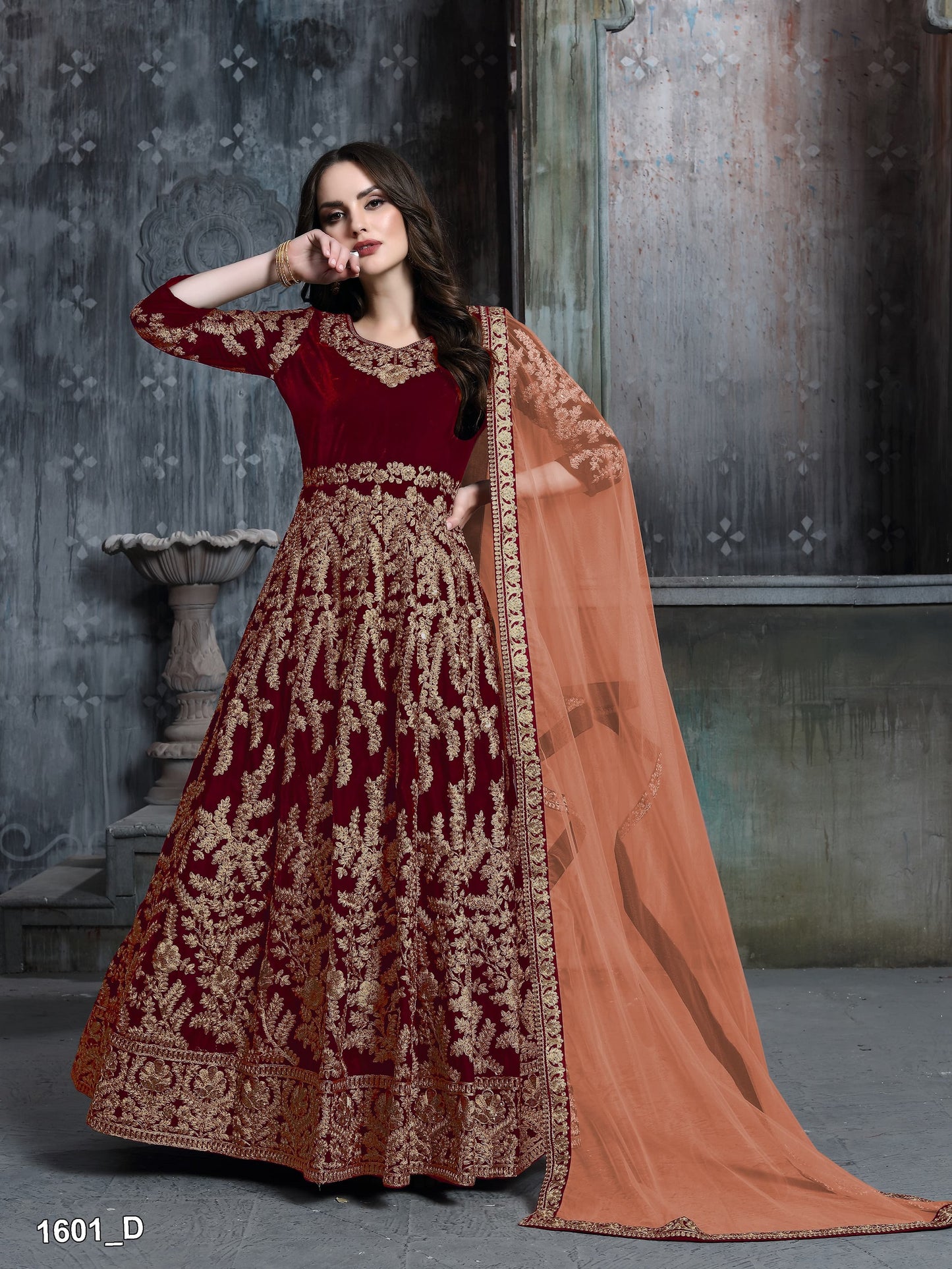 Velvet Fabric Beautiful Handmade Wine Color Anarkali Gown Suits with Heavy Embroidery Work