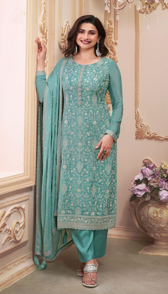 Indian Designer Thread Embroidery Chinon Work Event Wear Salwar Kameez Pant Suit