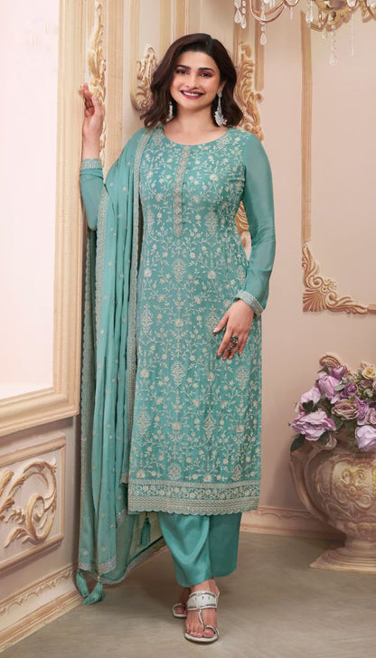 Indian Designer Thread Embroidery Chinon Work Event Wear Salwar Kameez Pant Suit