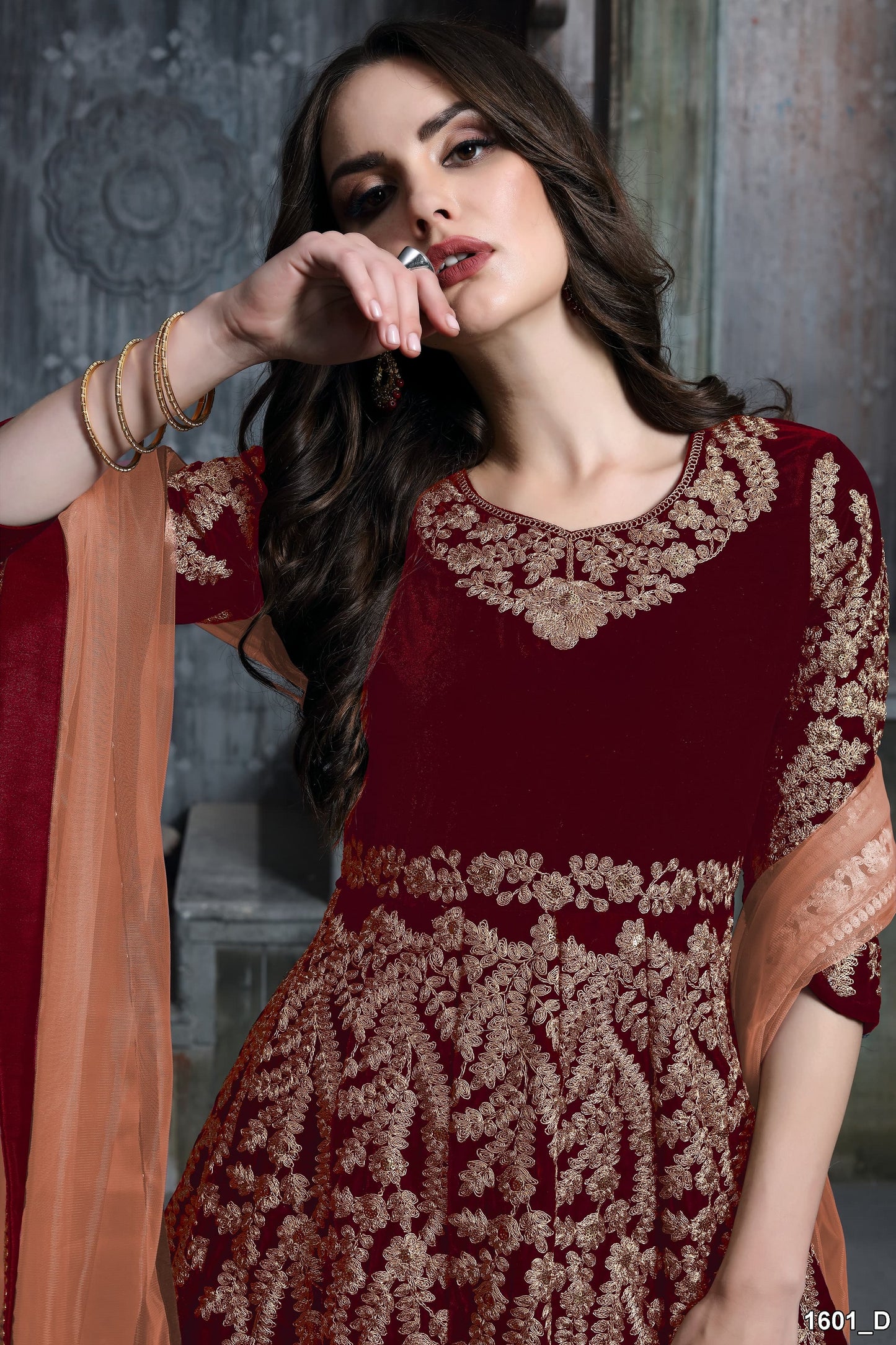 Velvet Fabric Beautiful Handmade Wine Color Anarkali Gown Suits with Heavy Embroidery Work