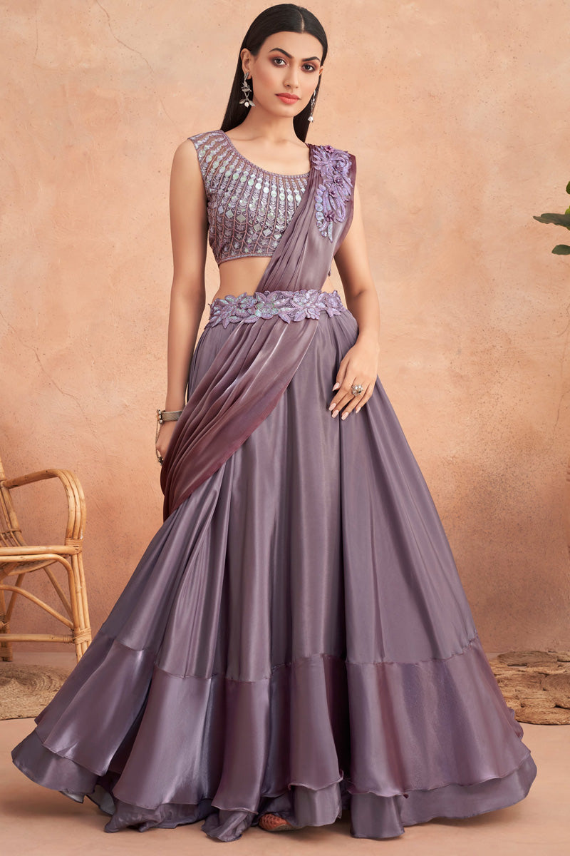 Indian Bollywood Designer Purple Color Floral Patterns Lehenga Style Saree