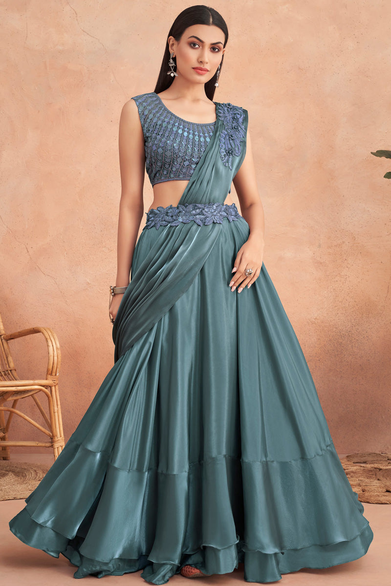 Exquisite Sea Green Color Designer Traditional Lehenga Style Saree With Fancy Blouse
