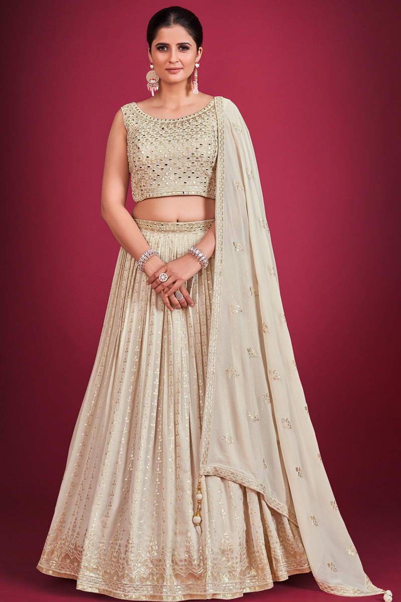 Excellent Cream Color Designer Georgette Fabric Mirror Work Readymade Lehenga Choli