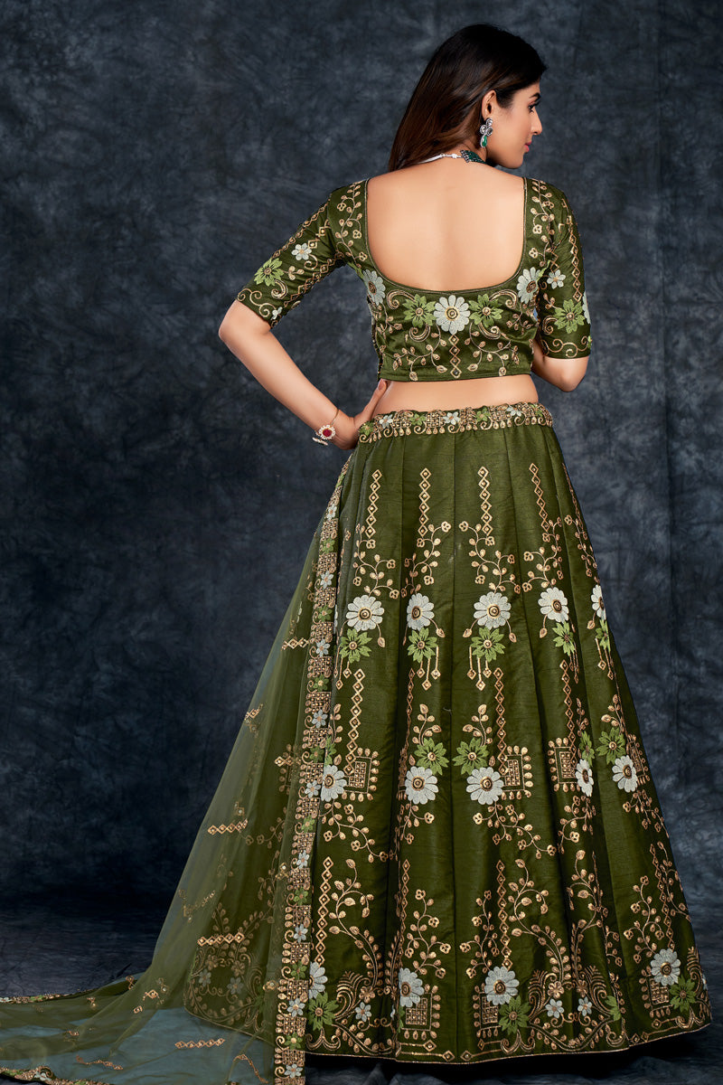 Latest Olive Green Silk Fabric Sequins Work Mehindi Function Werar Lehenga Choli