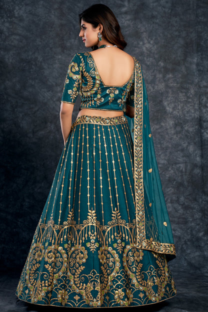 Eid Special Teal Blue Color Silk Fabric Sequins Work Sangeet Function Wear Lehenga Choli