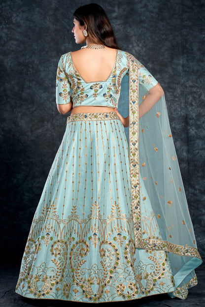 Eid Special Teal Blue Color Silk Fabric Sequins Work Sangeet Function Wear Lehenga Choli