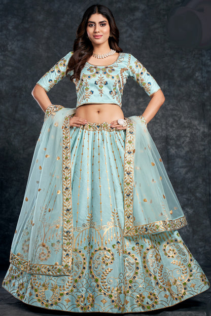 Eid Special Teal Blue Color Silk Fabric Sequins Work Sangeet Function Wear Lehenga Choli