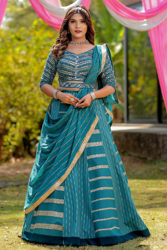 Exquisite Teal Blue Color Silk Fabric Wedding Party Wear Lehenga Choli With Designer Blouse