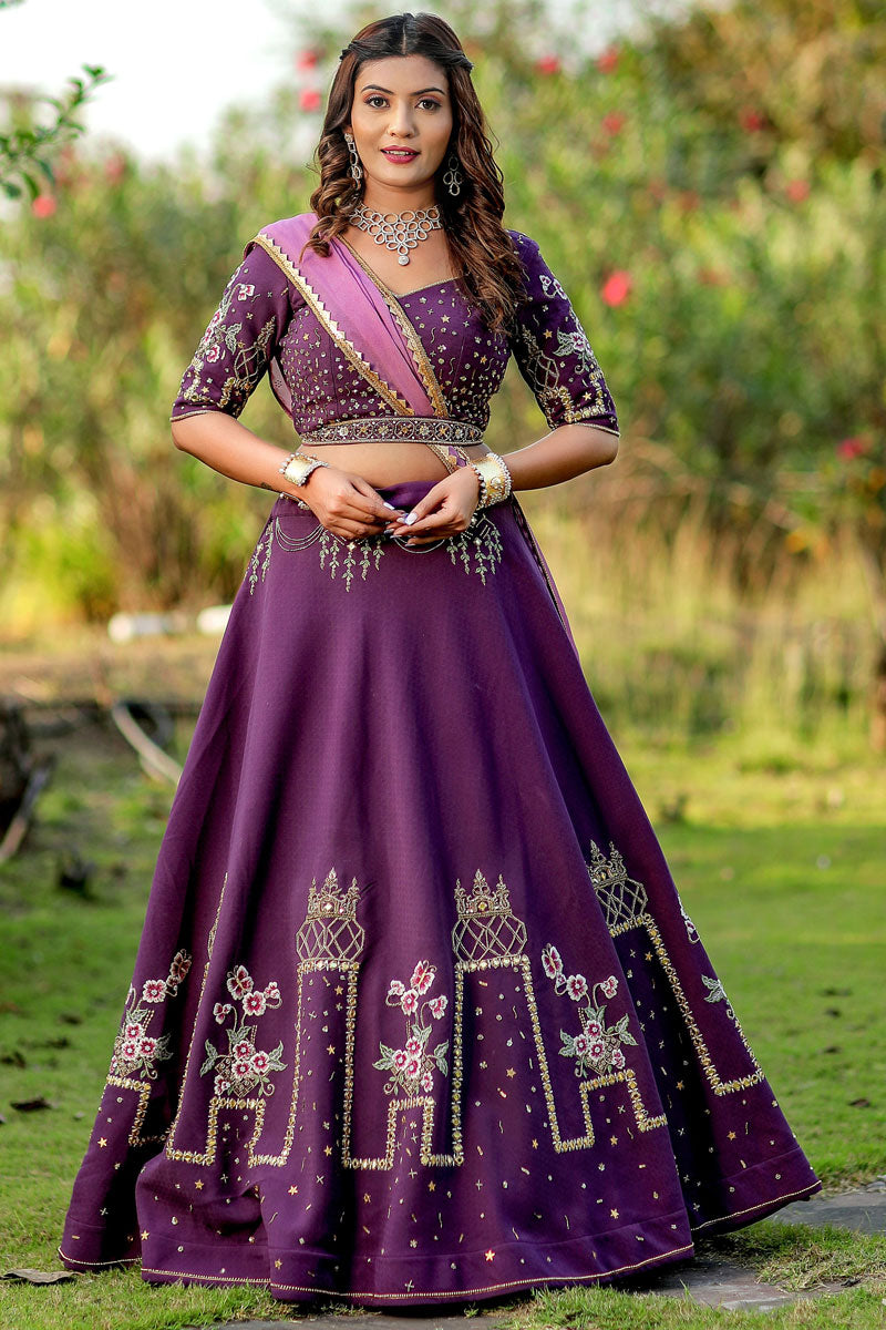 Indian Bridesmaid Wear Wedding Look Purple Color Lehenga With Stylish Blouse & Duptta