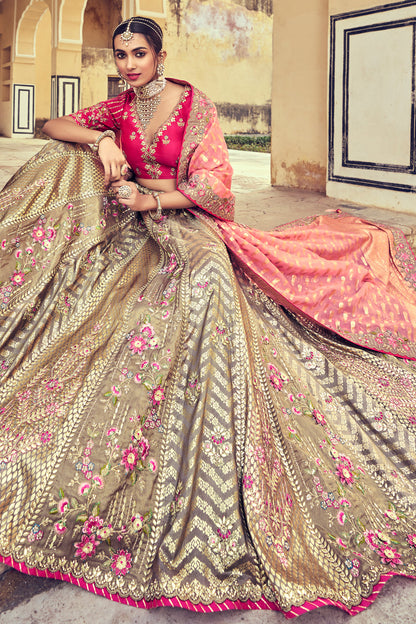 Multi Color Golden Designer Grey Silk Woven Work Bridesmaid Lehenga Choli With Silk Dupatta