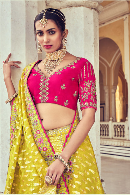 Engaging Yellow Color Resham & Thread Work Wedding Wear Lehenga Choli With Silk Dupatta