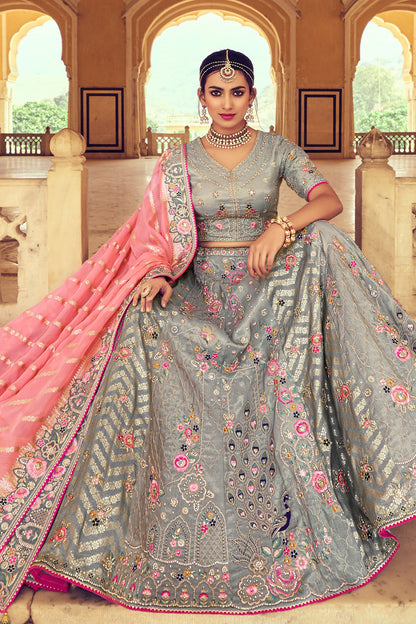 Grey Color Readymade Designer Resham & Embroidery Work Wedding Wear Lehenga Choli With Pink Net dupatta