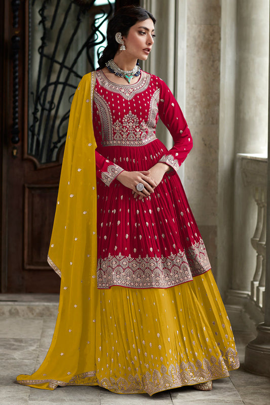 Pakistani Designer Yellow Color Embroidery Work Sangeet Function Wear Sharara Top Lehenga