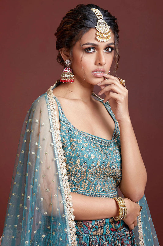 Attrective Sky Blue Color Designer Art Silk Fabric Sangeet Function Wear lehenga Choli