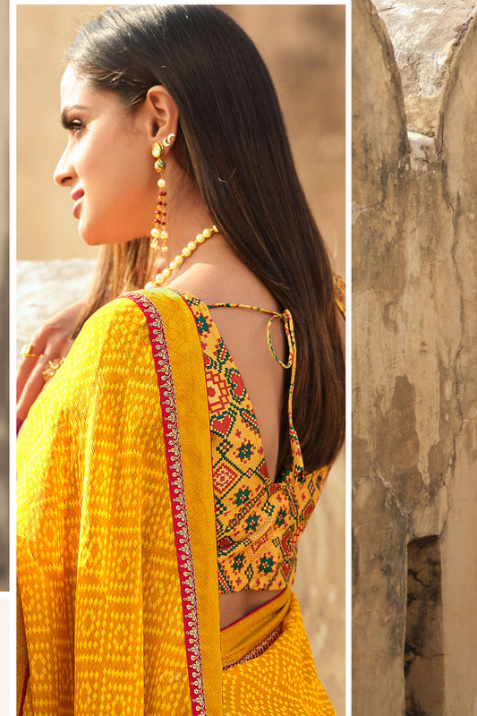 Indian Bollywood Designer Yellow Printed Haldi Function Outfit Saree