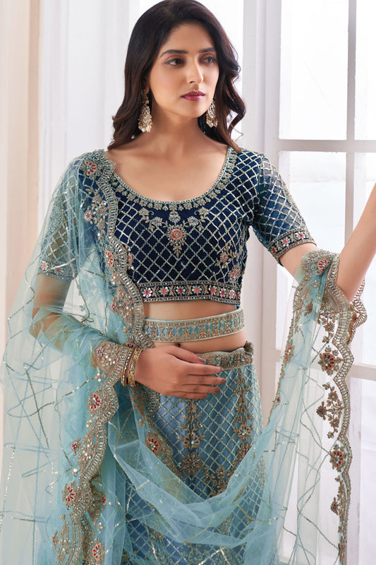 Blue Color Designer Wedding Wear Readymade Lehenga Choli With Net Dupatta