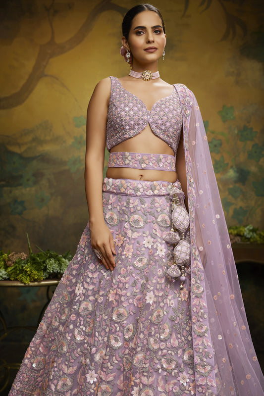 Embellished Lavender Color Embroidery Work Net Fabric Wedding Wear Lehenga Choli