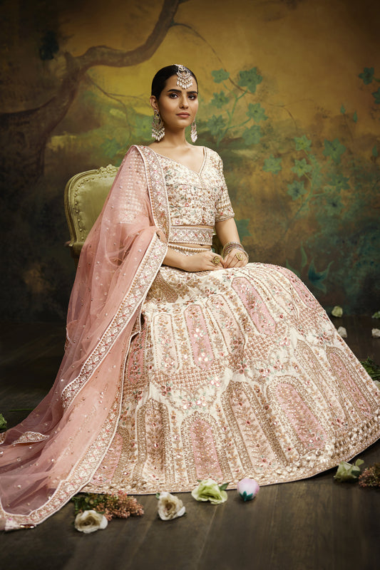 Awesome Beige Color Silk Fabric Designer Embroidery Work Bridal Wear Lehenga Choli