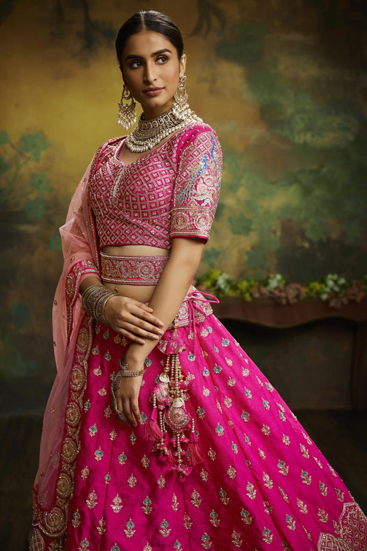 Heavy Designer Pink Color Silk Fabric With Embroidery Work Bridesmaid Lehenga Choli