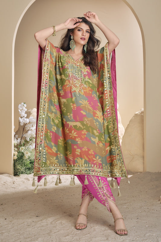 Mulberry pink color palazzo suit in viscose silk with mirror work and embellished detailing, bringing a rich and stylish charm to your festive wardrobe.

