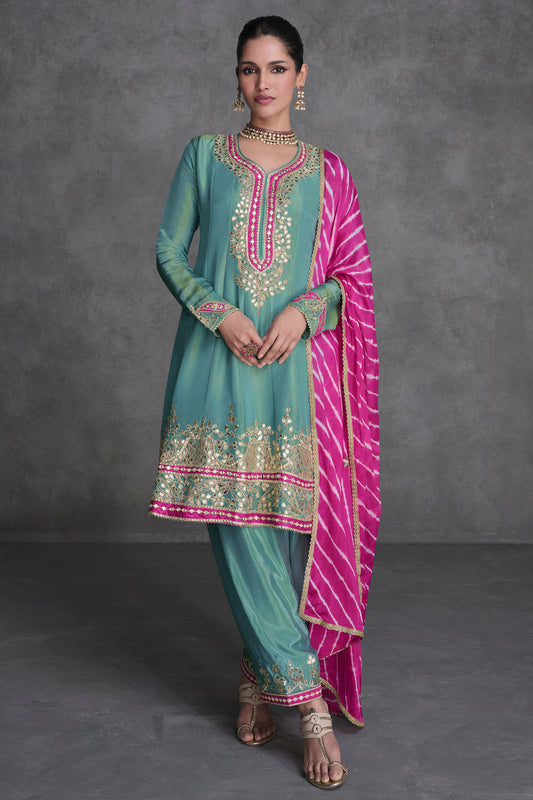 Designer Simar Organza Silk Shalwar Kameez Set with Embroidered Chinon Silk Dupatta
