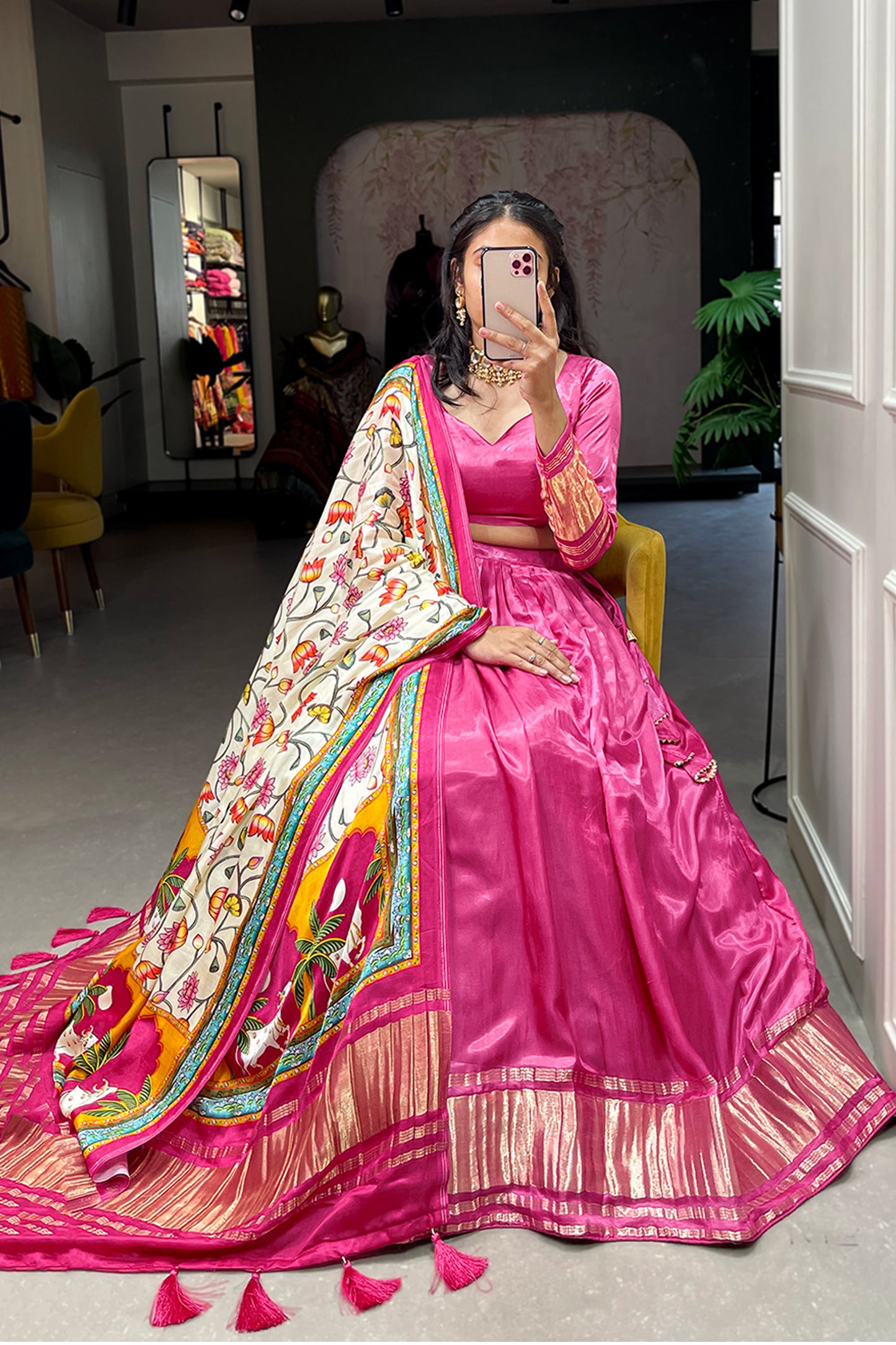 Designer Pink Gaji Silk Bandhej Patola Printed Wedding Lehenga Choli