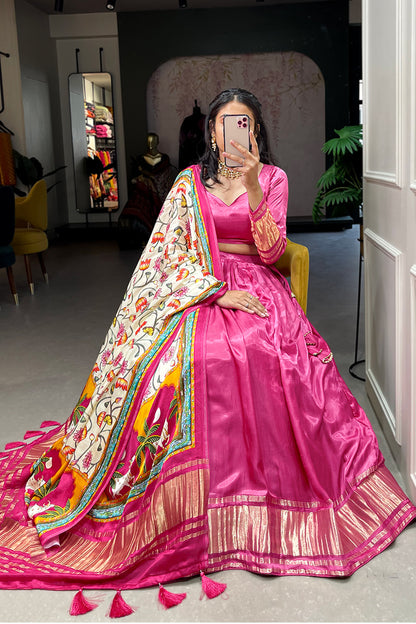 Designer Pink Gaji Silk Bandhej Patola Printed Wedding Lehenga Choli