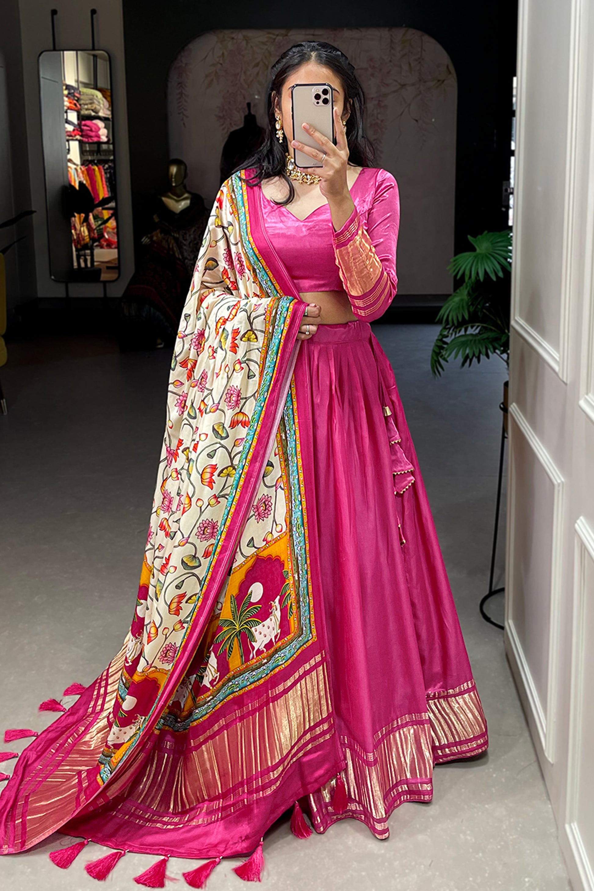 Designer Pink Gaji Silk Bandhej Patola Printed Wedding Lehenga Choli