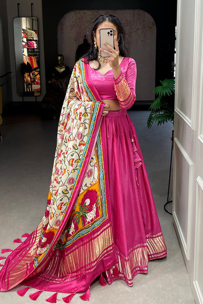 Designer Pink Gaji Silk Bandhej Patola Printed Wedding Lehenga Choli