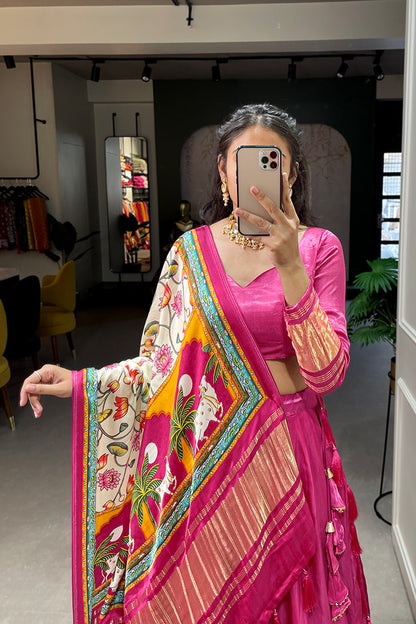 Designer Pink Gaji Silk Bandhej Patola Printed Wedding Lehenga Choli