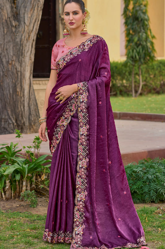 Bridal Wear Gorgeous Purple Color Print Silk Fabric Festival Wear Sari