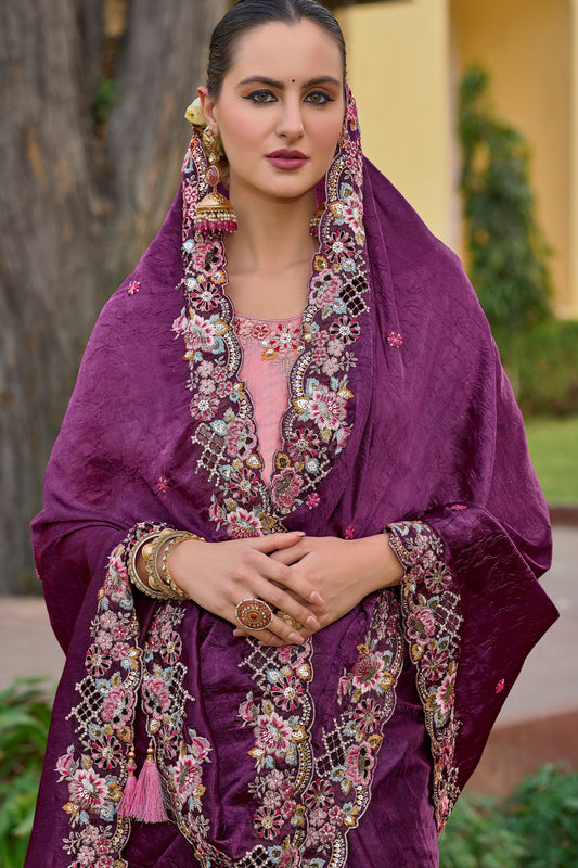 Bridal Wear Gorgeous Purple Color Print Silk Fabric Festival Wear Sari