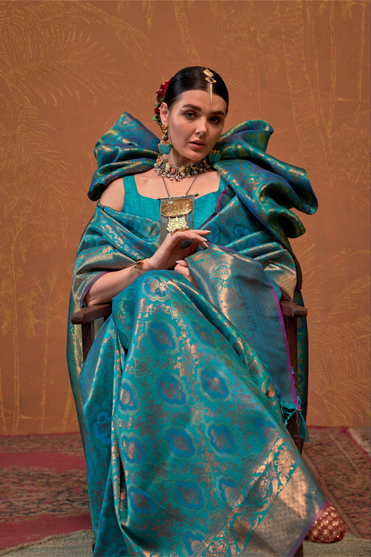 Saree for Formal Functions USA Teal Blue Color Print wedding Event Wear Silk Saree With Stitch Blouse
