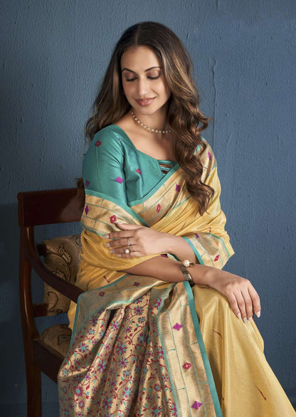 Indian Stitched Sarees Beautiful Yellow Color Printed Reception Wear With Fancy Blouse