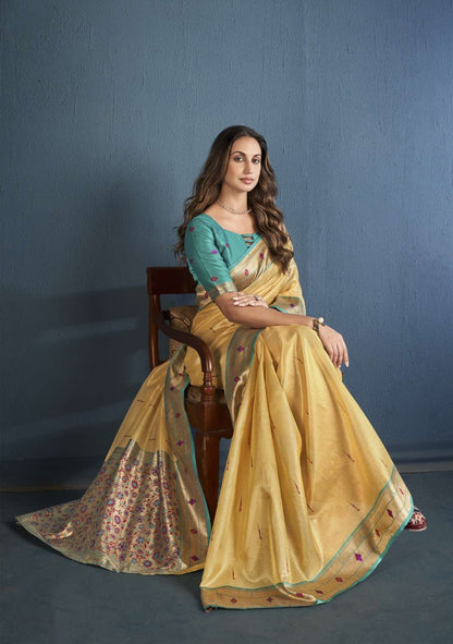 Indian Stitched Sarees Beautiful Yellow Color Printed Reception Wear With Fancy Blouse