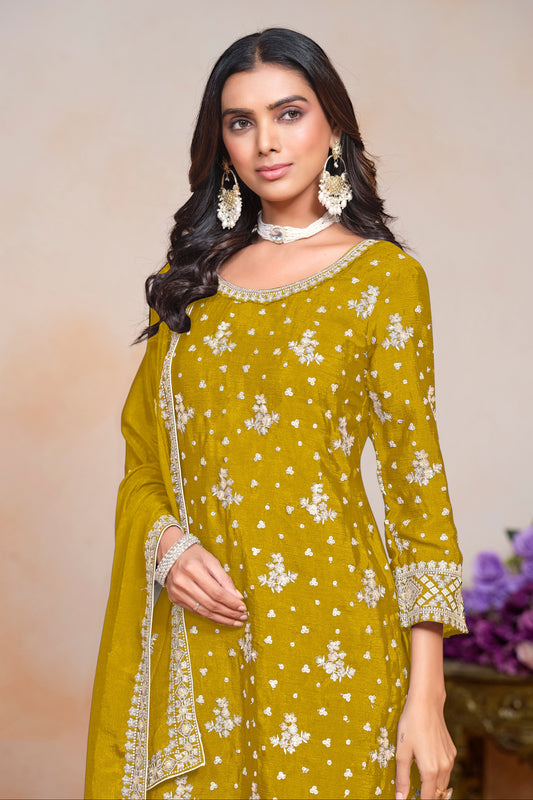 Traditional Wear Chinon Fabric Salwar Kameez Plazzo Suit With Dupatta
