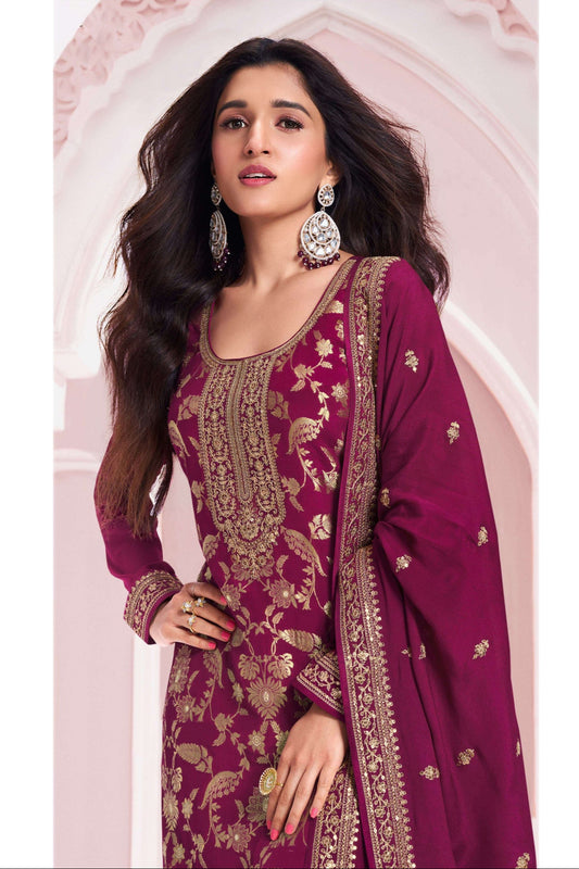 Jacquard Designer Elegant Salwar Kameez With Lace Embroidery and Santoon Bottom