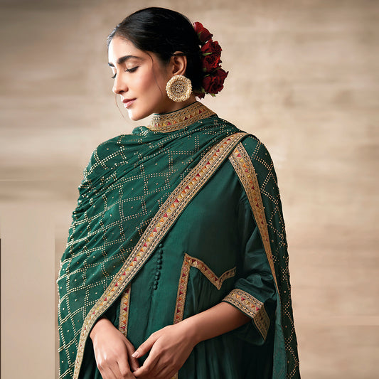 Green Color Silk Fabric Bridal Look Heavy Dress For Special Wedding
