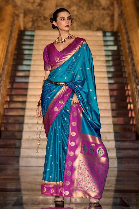 Reception Wear Blouse Sari New Indian Ethnic Blue Color Ready To Wear Saree 