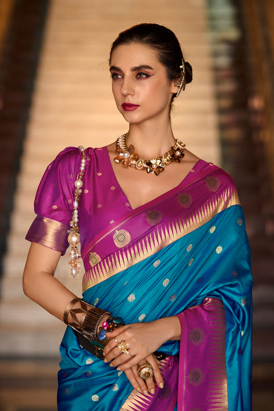 Reception Wear Blouse Sari New Indian Ethnic Blue Color Ready To Wear Saree 