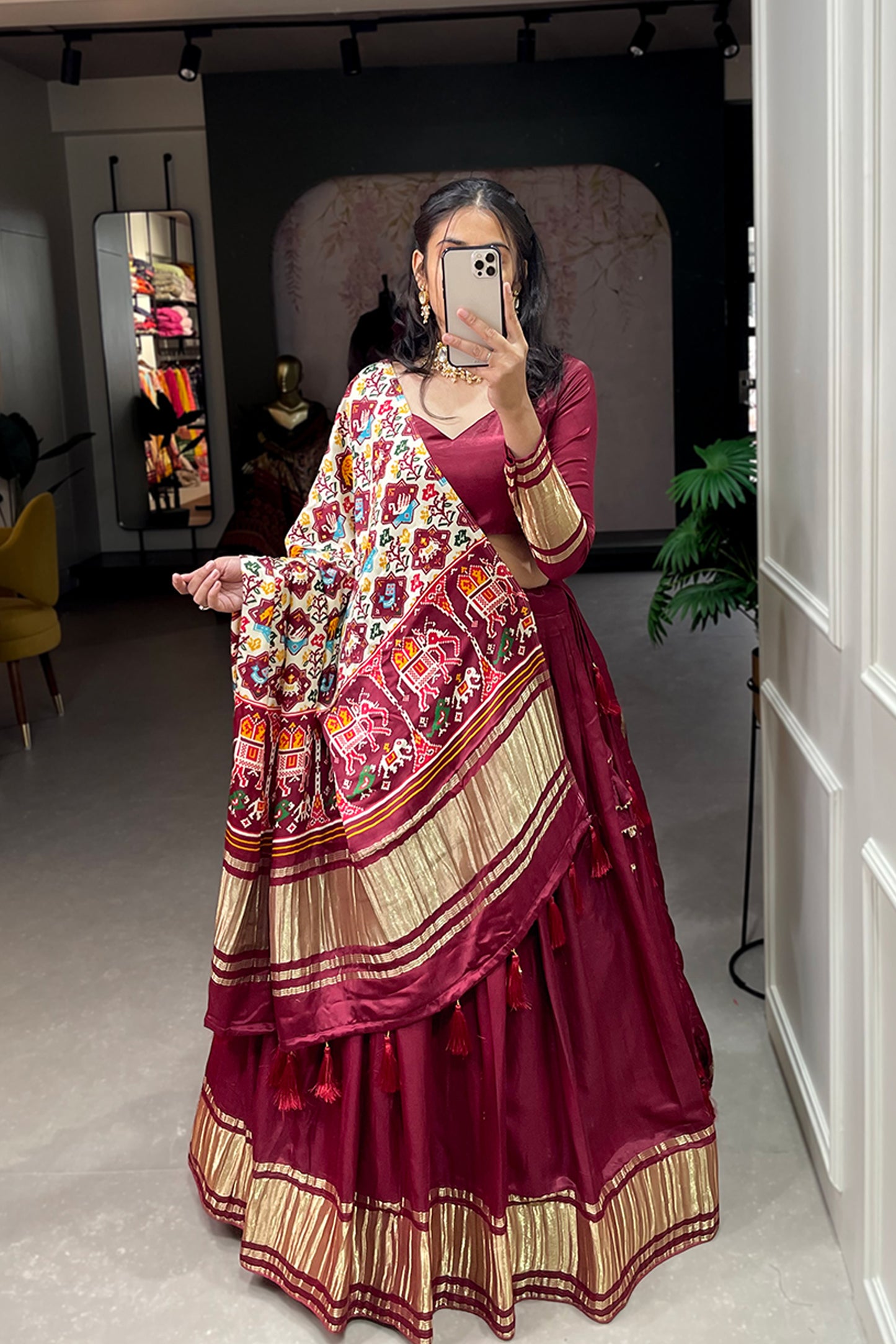 Red Color Readymade Bandhej Patola Lehenga Choli For Eid Wear