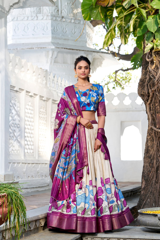 Stitched Off White Dola Silk Printed Work Party Wear Lehenga Choli
