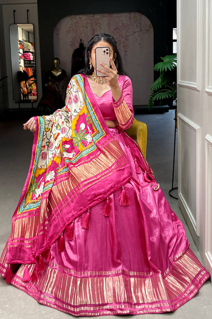 Designer Pink Gaji Silk Bandhej Patola Printed Wedding Lehenga Choli