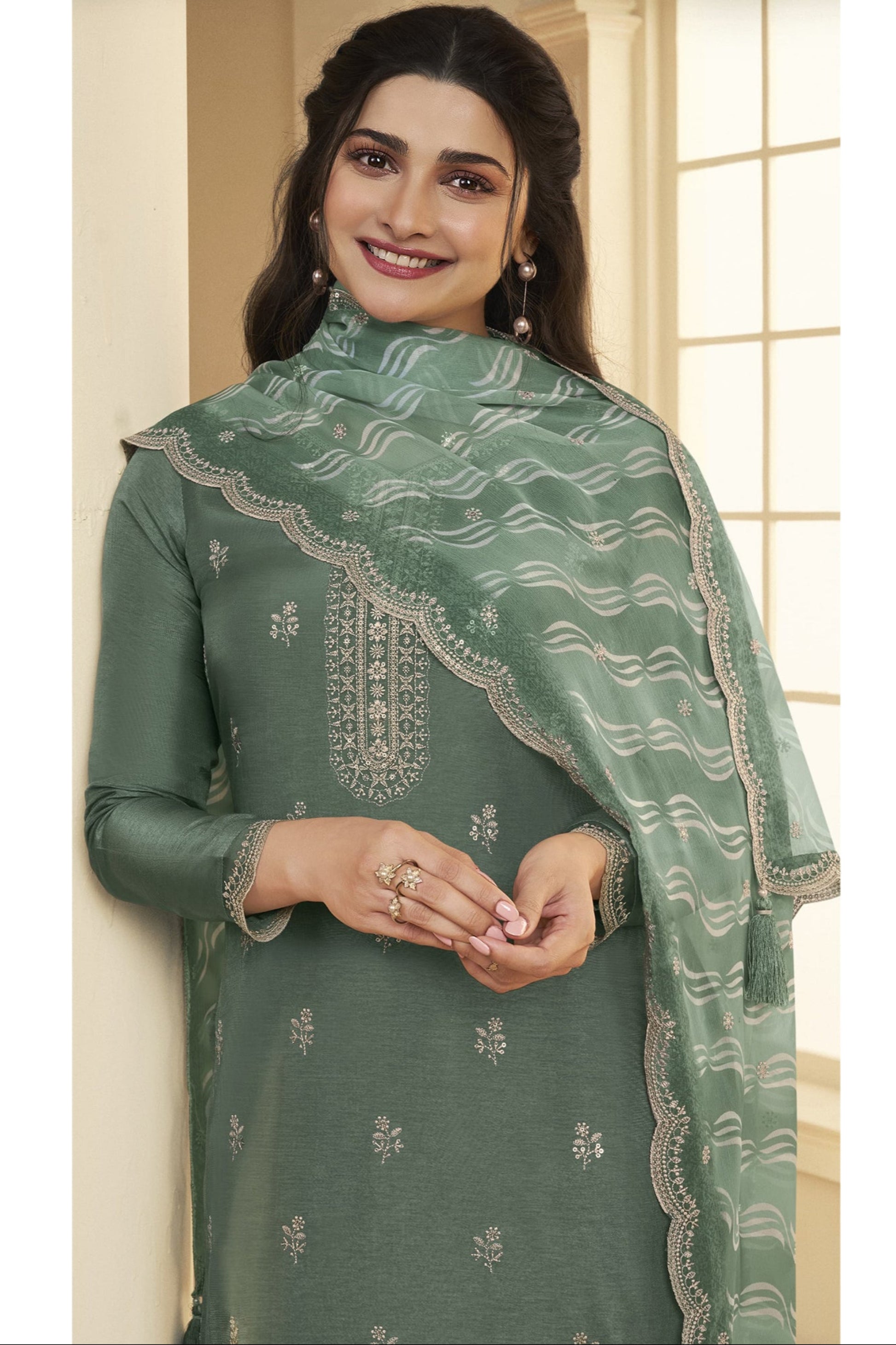 Dola Silk Shalwar Kameez Suit with Embroidered Organza Chiffon Dupatta