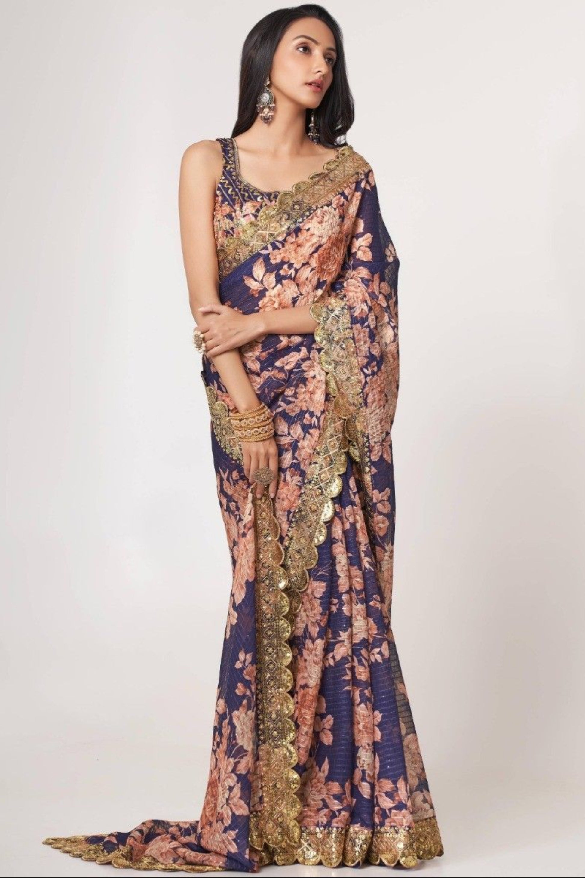 Bollywood Style Blue Digital Floral Printed Designer Saree With Blouse