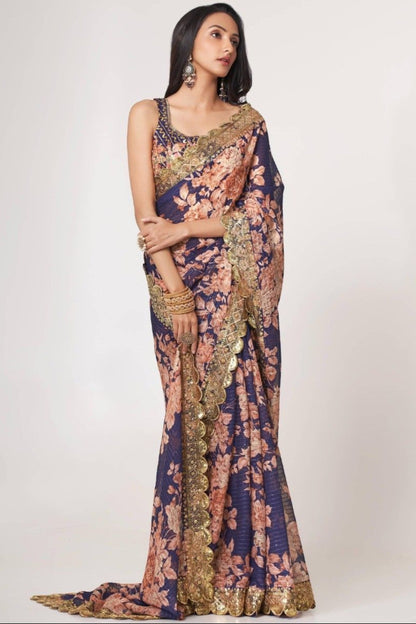 Bollywood Style Blue Digital Floral Printed Designer Saree With Blouse