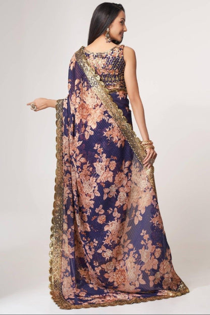 Bollywood Style Blue Digital Floral Printed Designer Saree With Blouse